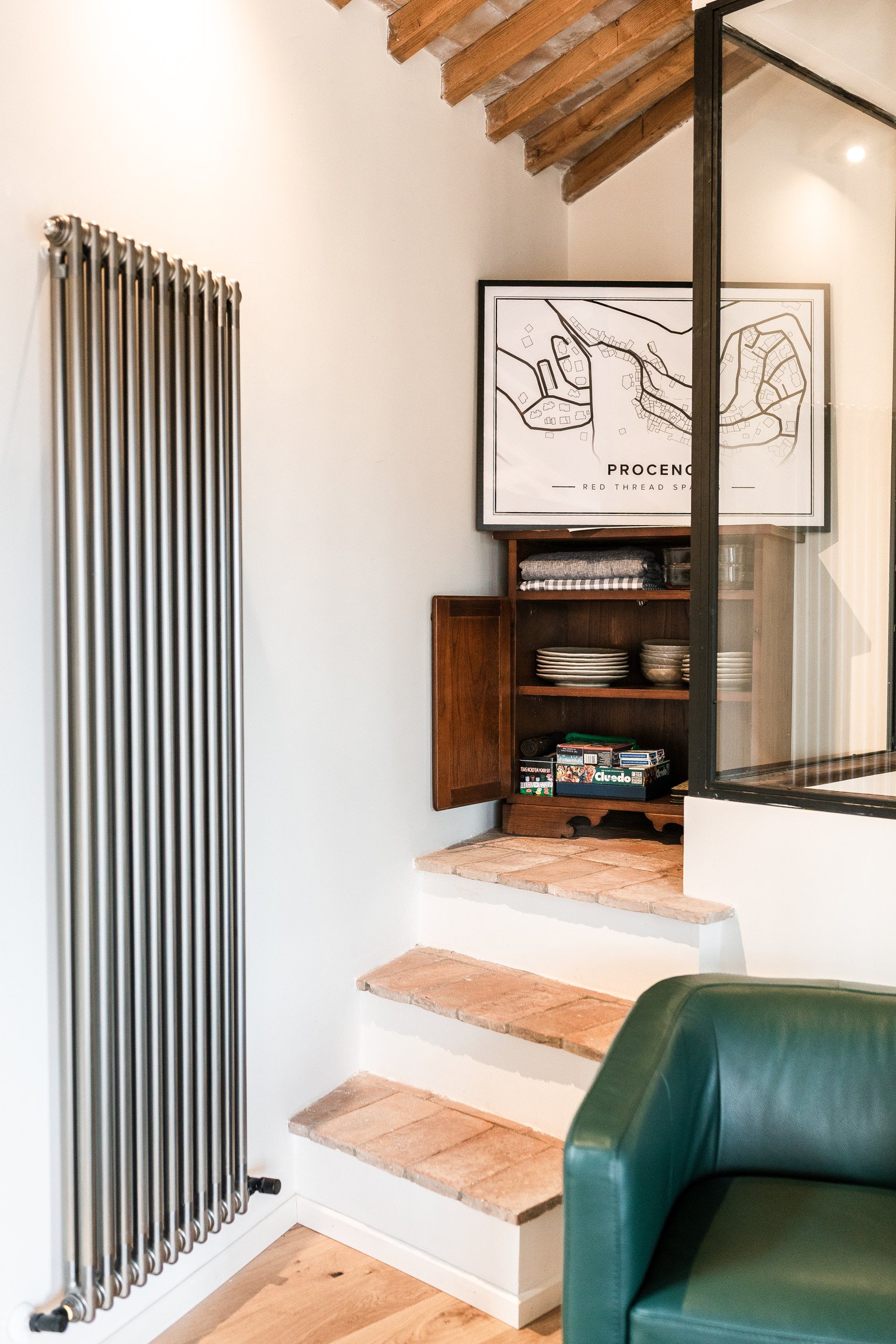 Wooden stairs and reading area